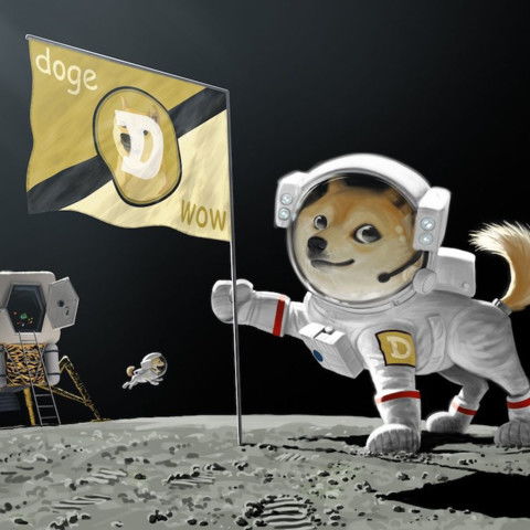 A playful depiction of the Dogecoin logo amidst mining activities